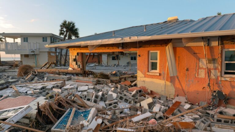 Storm surge severe damage to residential houses on ocean shore after hurricane landfall. Natural disaster consequences in Florida