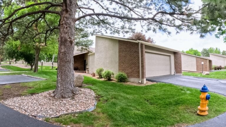Parker, Colorado, USA-June 9, 2025 - A quiet suburban street is lined with brown single-story homes and attached garages. Large trees provide shade, and mulch beds are neatly arranged around each