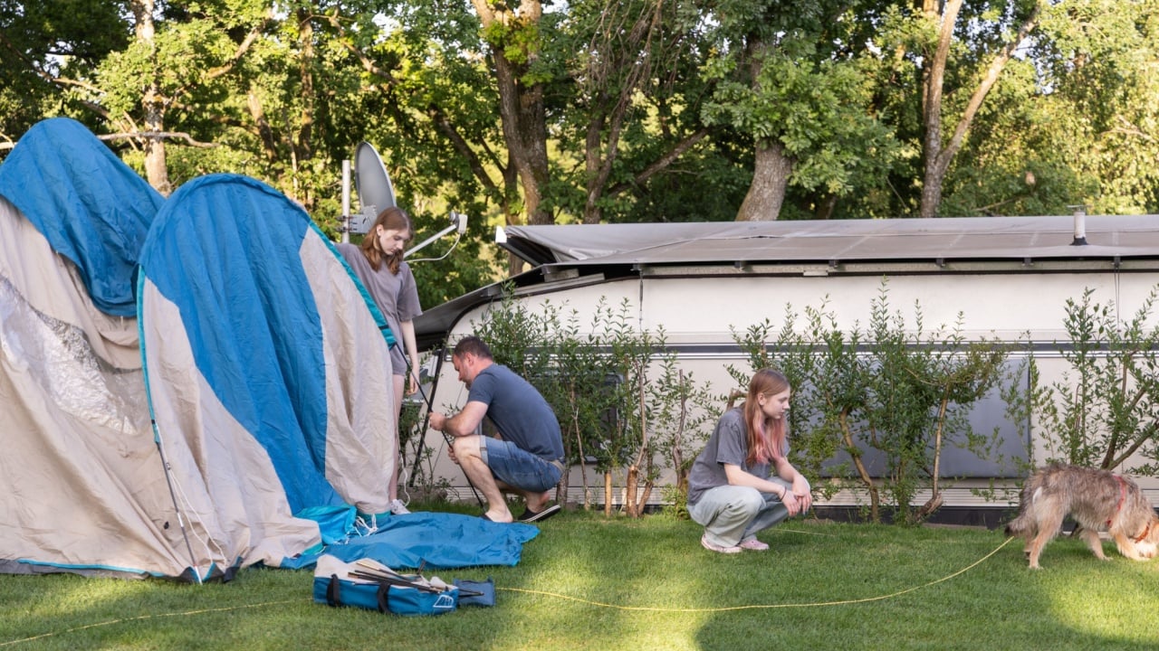 Family is assembling a camping tent in a backyard, with a playful dog nearby and lush greenery surrounding the scene, capturing outdoor fun