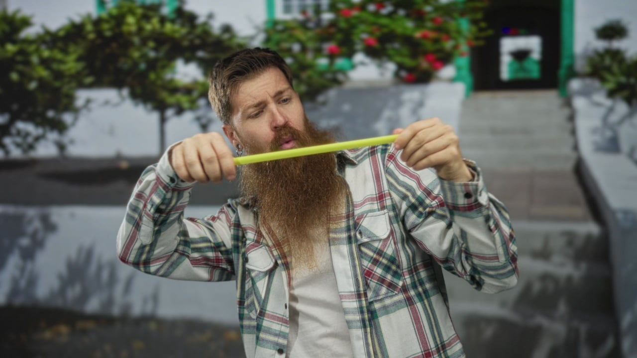 Bearded man wearing plaid shirt holds measuring tape outdoors in front of building entrance on street; concentration.
