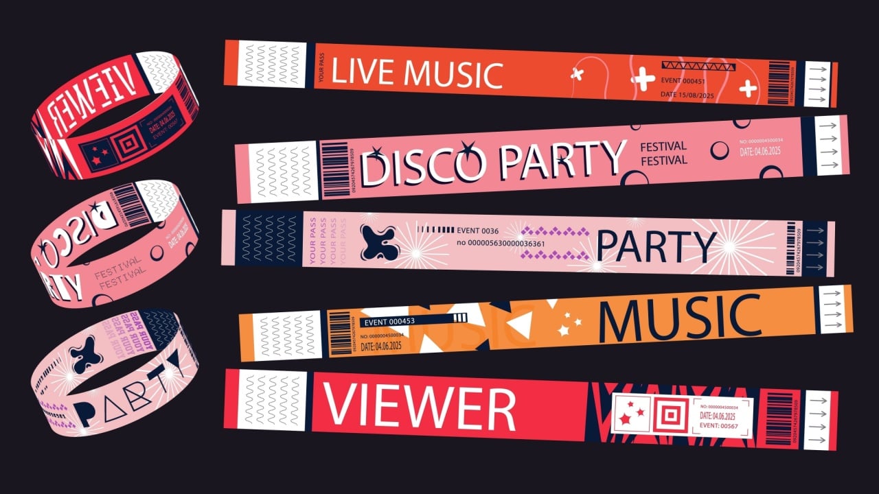 Y2k event party bracelet design. Retro modern pass ticket set for nightclubs entrance access. Bright colours wristband prints, artists and viewers labels, live performance badges. Vector illustration.