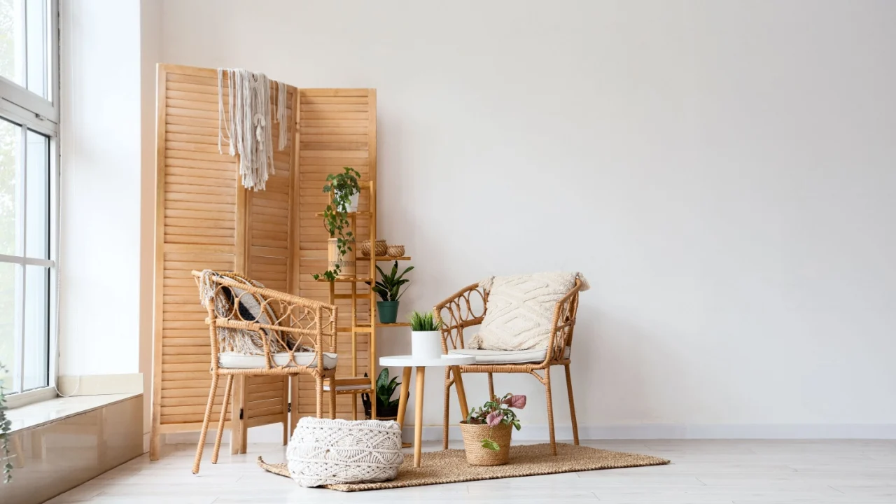 Interior of light room with wicker armchairs, wooden folding screen and plants