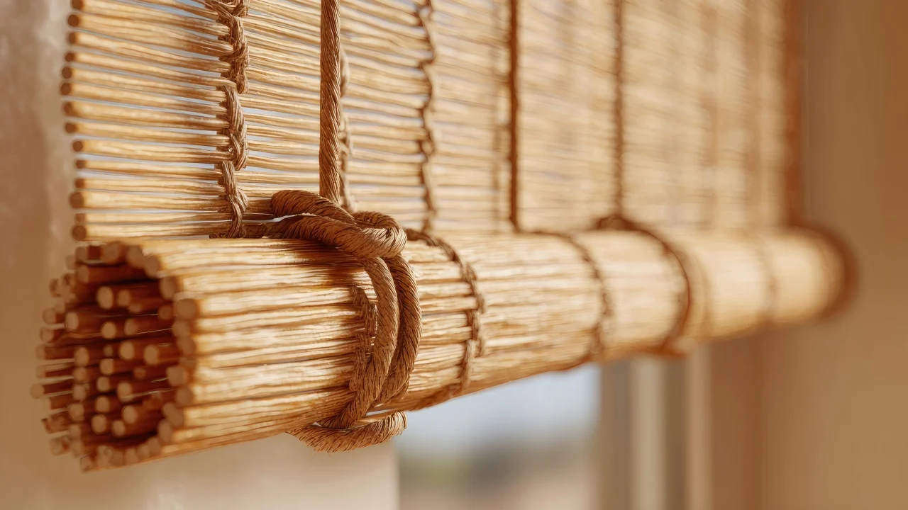 Close-up woven bamboo window blinds