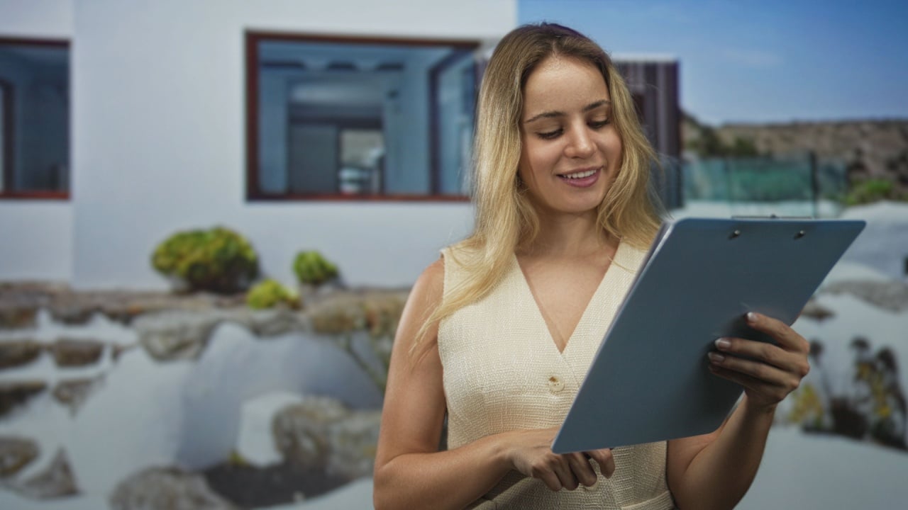 Woman smiles holding clipboard and points finger to clipboard at building entrance; home inspection confidence.