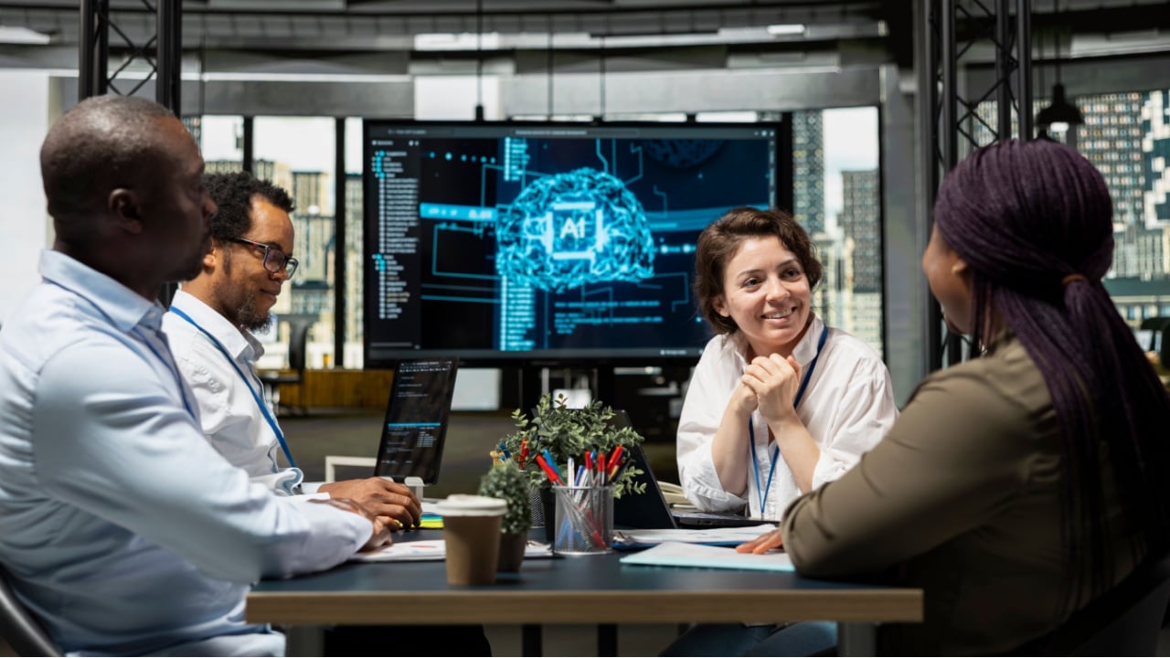 Investors doing meeting in conference room to talk about AI large language models solutions increasing productivity. AI startup boardroom members discussing neural network tech development roadmap