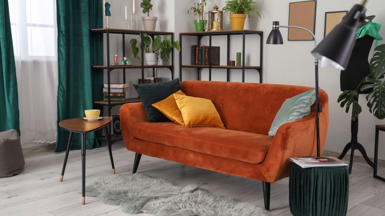 Interior of stylish living room with sofa, cushions and shelving units