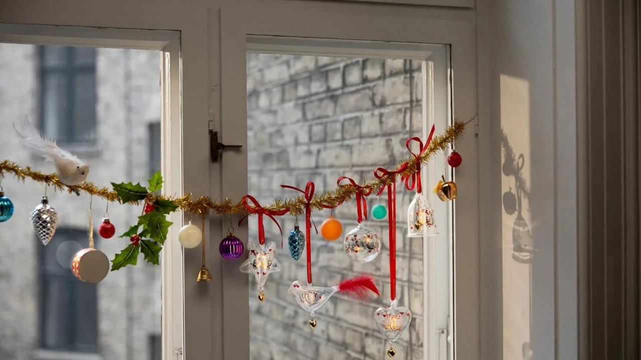 festive tinsel golden garland with baubles and toys on the window