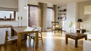 light living room with bookcase