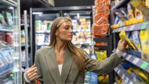 Shopping for groceries. Young woman in blazer looking at product on shelf in supermarket. Beautiful female consumer choosing food in grocery store aisle. Retail commerce and consumerism concept.