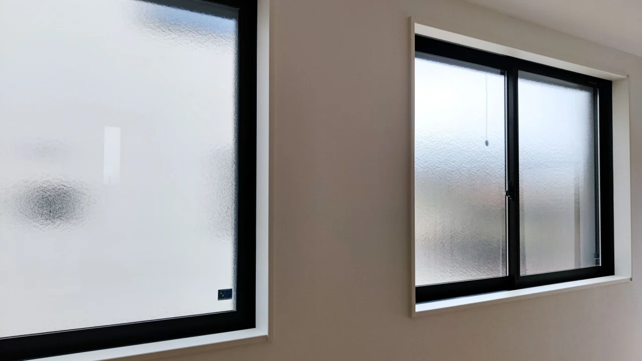 Two frosted glass windows on a beige wall with contrasting window frames, one fully frosted and the other partially transparent, showcasing subtle textural differences