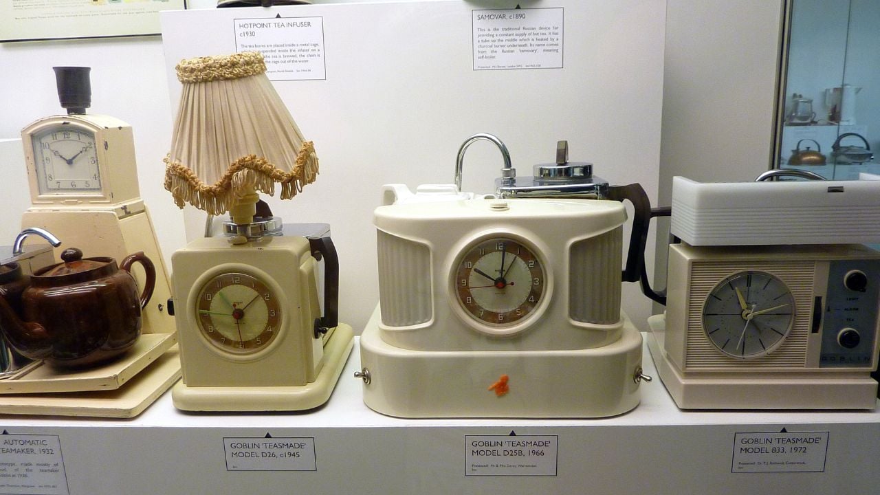 Teasmade machines on display at the Science Museum in London.