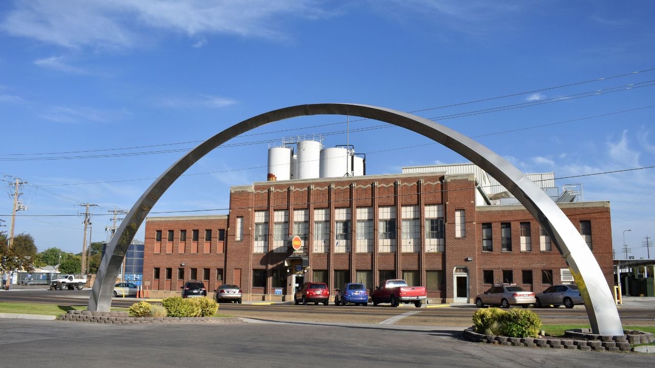 The Darigold building and the United Metals arch in Caldwell, Idaho.
