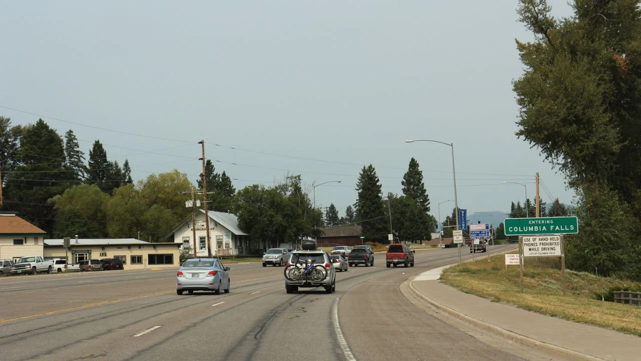 The sign for Columbia Falls, Montana on U.S. Route 2.