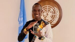 Joseph Nguthiru with the UN Young Champions of the Earth Award at the United Nations General Assembly, UNGA, in New York