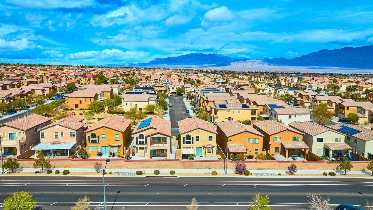 Aerial of Suburban Las Vegas Housing with Solar Panels