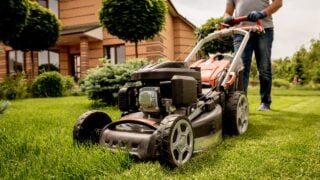 Gardener mowing the lawn. Landscape design. Green grass background