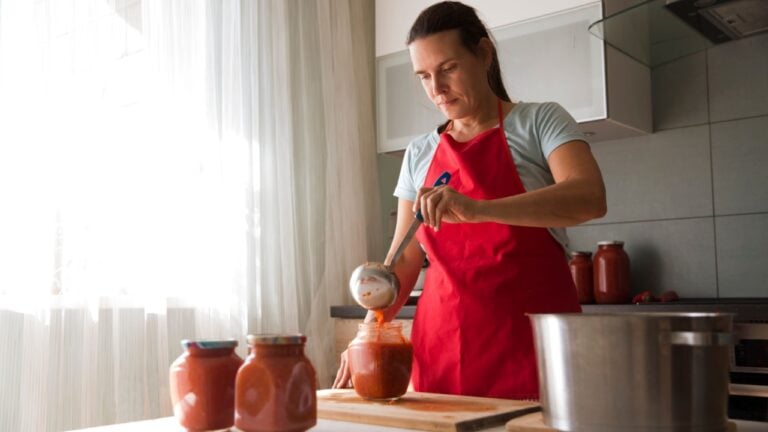 woman preparation process Preserving vegetables in your kitchen. Canned food