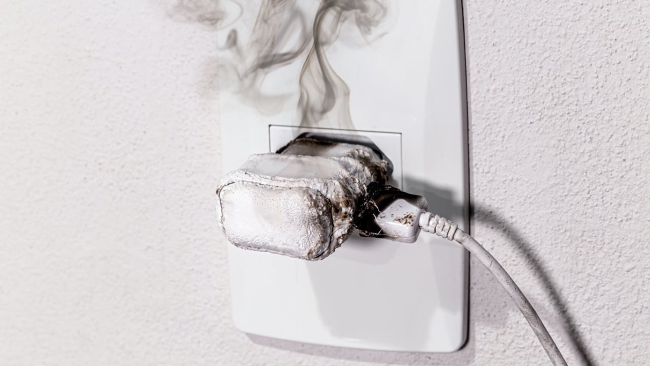 cell phone charger short-circuited, smoke and fire, electrical appliance melting