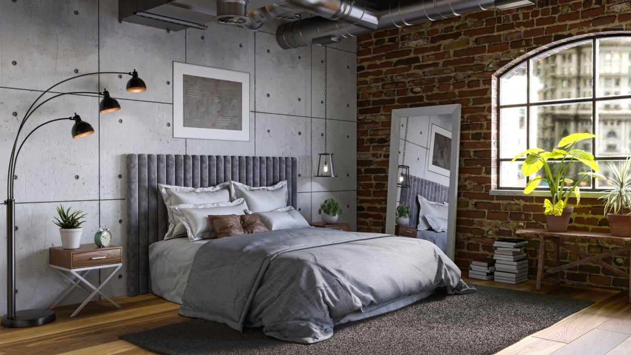 Industrial Style Loft Apartment with arch windows and indoor balcony.