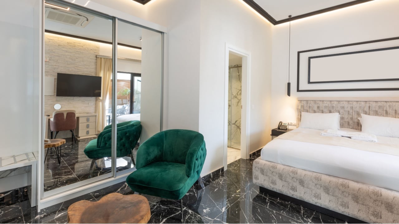 Interior of a luxury bedroom with marble floor