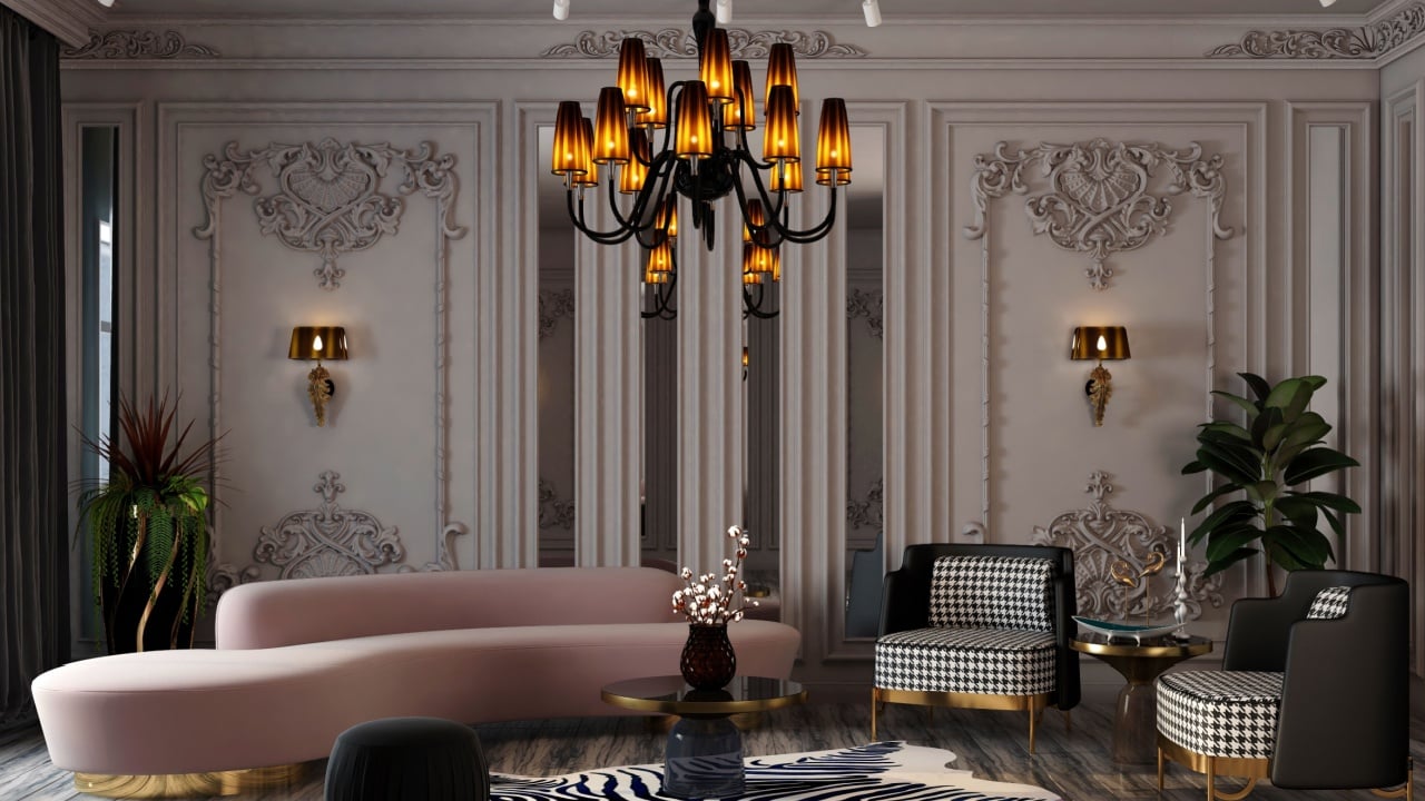 Luxurious classic reception hall design with armchair, console, vintage white and gray wall effect, ornamental plants, parquet flooring.