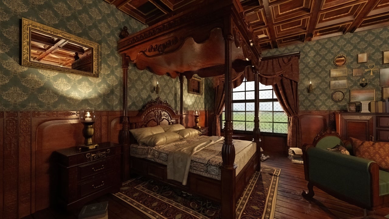 3D illustration interior victorian bedroom