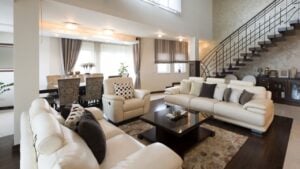 Luxury multilevel living room interior big sofa