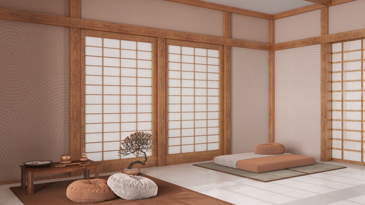 Minimal meditation room in white and orange tones with pillows, tatami mats and paper doors. Carpet, table with Mala and decors. Japanese interior design.