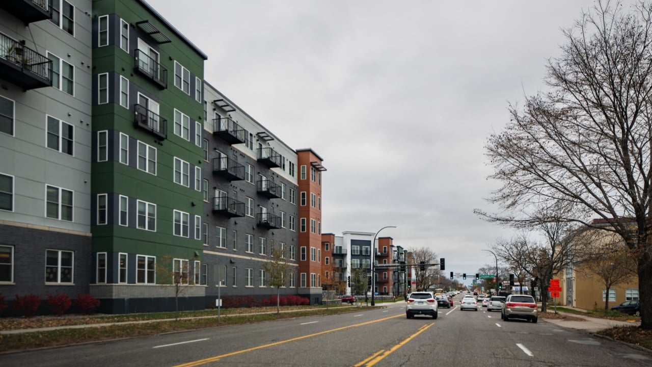 St. Paul, MN - November 10, 2023: View of the Lexington landing retirement apartments in St. Paul, Minnesota from 7th street a 5 story 5 over 1 apartment complex