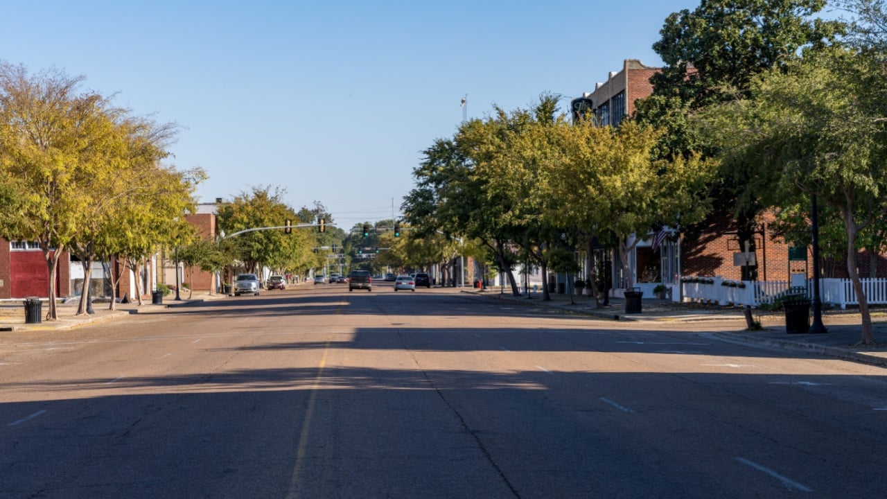 Main shopping street of Washington Avenue in the small town of Greenville in Mississippi