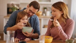 Happy family having breakfast at table in kitchen