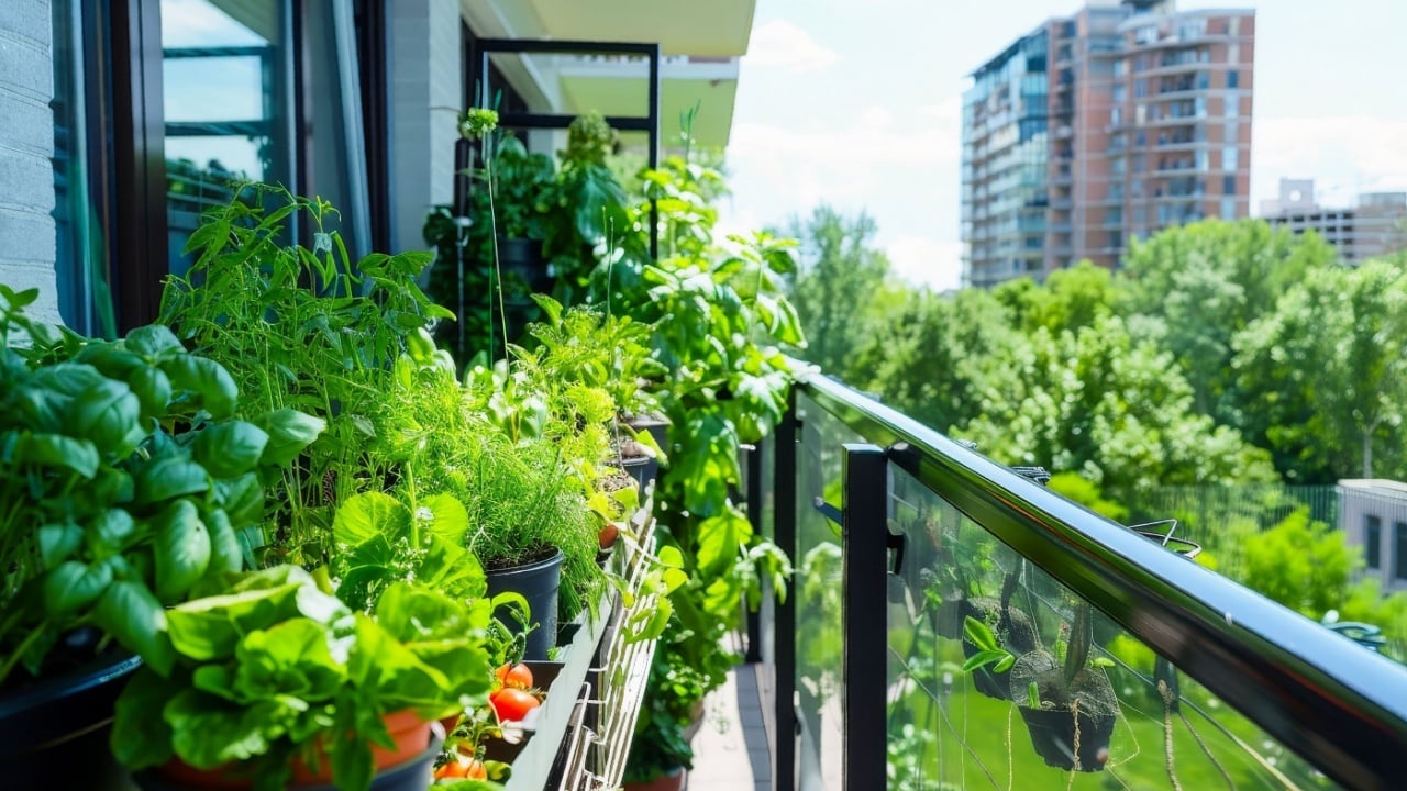 A vibrant vertical garden overflowing with fresh herbs lettuce and small tomatoes thriving on a sunny balcony in a bustling city