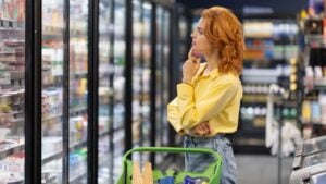 Thoughtful lady with shopping cart looking at fridge with daily products in grocery store and choosing what to buy. Woman buying groceries in supermarket.
