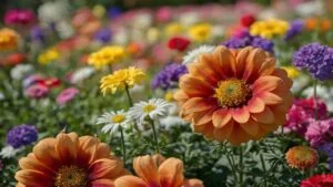 Beautiful spring garden. The green lawn emphasizes the blooming flowers in the garden. A diverse spectrum of colorful flowers, panoramic views of natural beauty