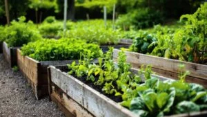 A raised bed in a garden growing vegetables