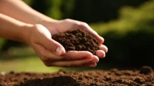 Woman holding pile of soil outdoors, closeup. Space for text