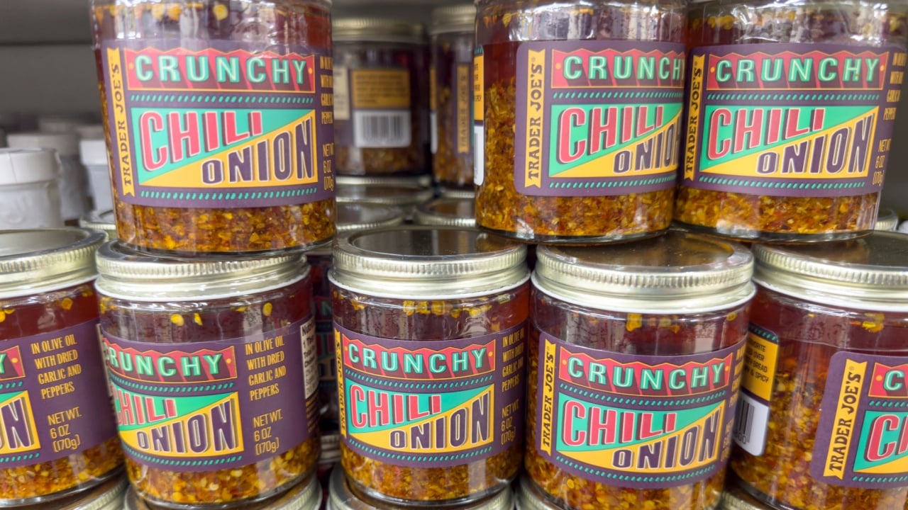 Los Angeles, California, United States - 08-14-2024: A view of several jars of Trader Joe's crunchy chili onion condiment.