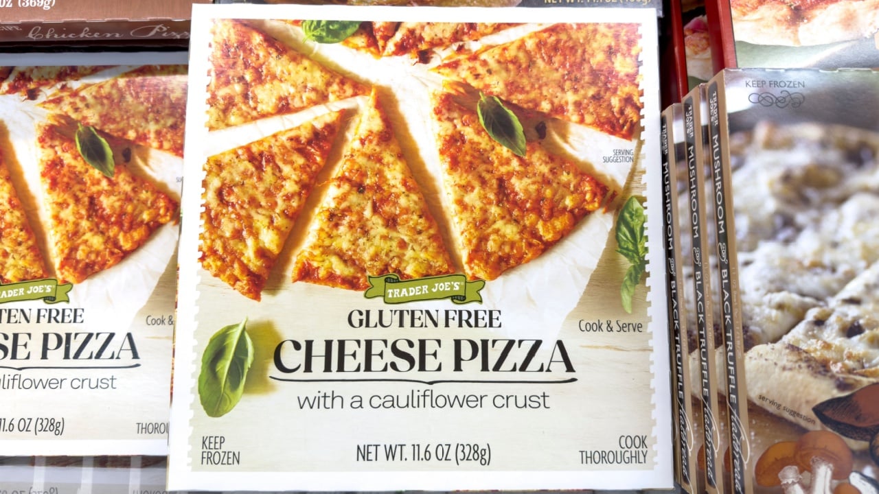 Los Angeles, California, United States - 08-14-2024: A view of a package of Trader Joe's gluten free cheese pizza.