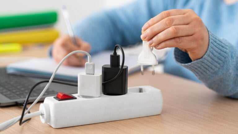 Female student hand plugging plug on a power strip socket using laptop on a desk at home