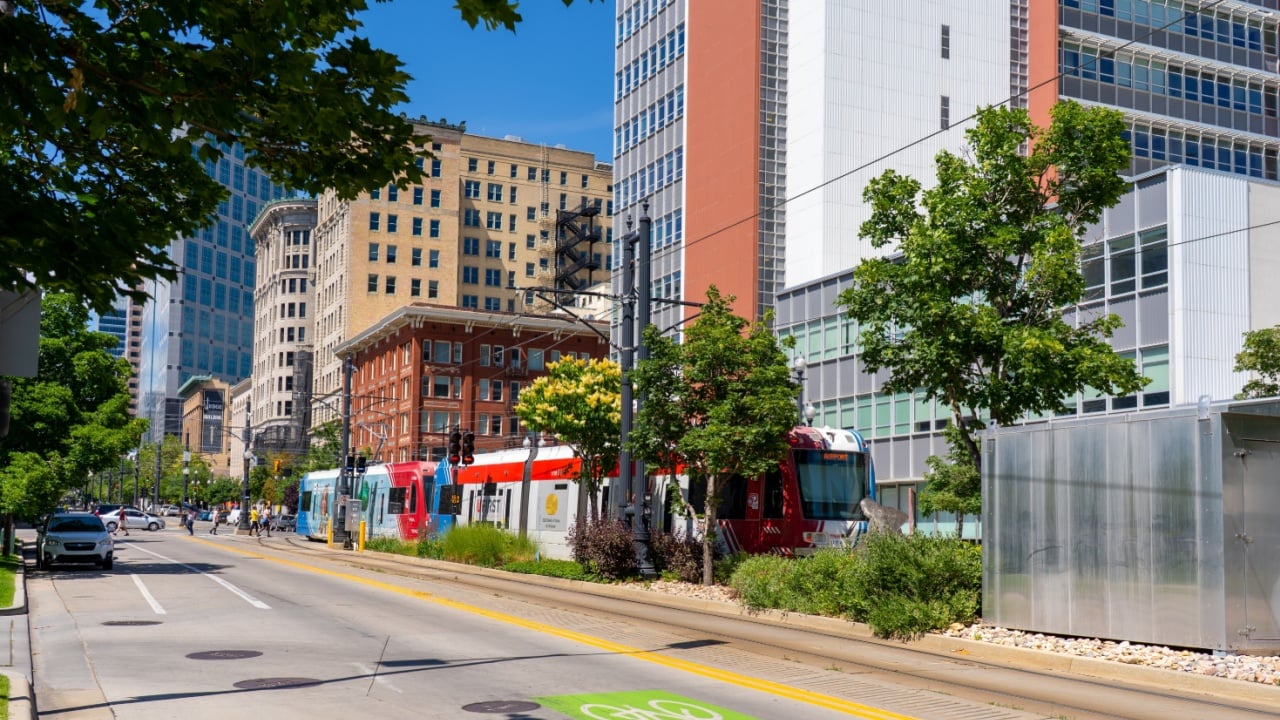 Street view of downtown Salt Lake City, Utah, USA, on June 24, 2023. Salt Lake City, often shortened to Salt Lake or SLC, is the capital and most populous city of the U.S. state of Utah.