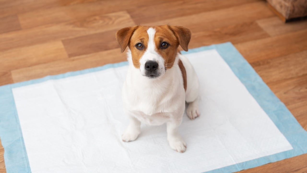 Jack Russell Terrier dog sitting on a hygienic daily diaper for pets at home. The concept of toilet or potty training pets