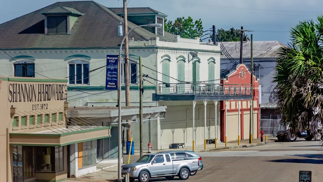 Morgan City, Louisiana, USA - Aug. 25, 2020: Front Street is mostly deserted in advance of Hurricane Laura in Morgan City, Louisiana.