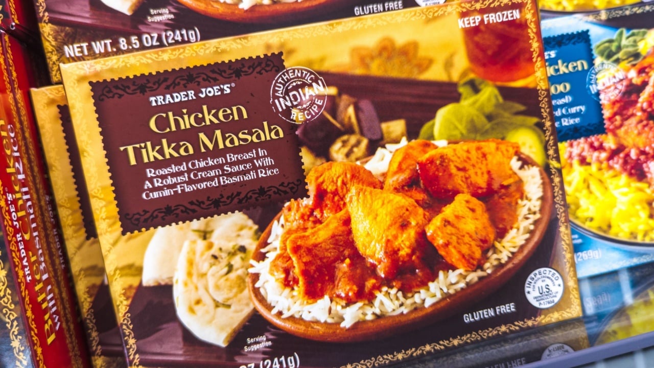 Cary, North Carolina - October 19 2025: Chicken Tikka Masala Frozen Indian Dinner Products On Shelf At Trader Joes Grocery Store