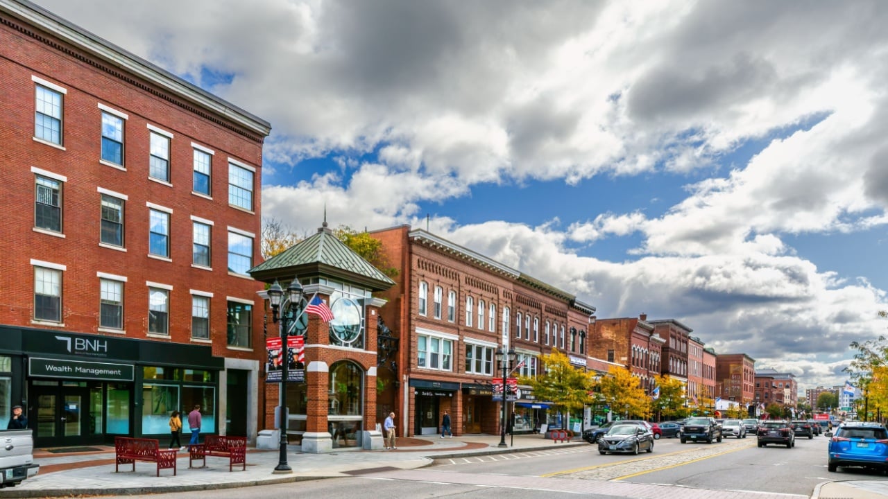 Concord, New Hampshire - October, 13, 2023: North Main street, in front of the State Capitol. The Downtown Concord Historic District encompasses most of the commercial heart of Concord, NH