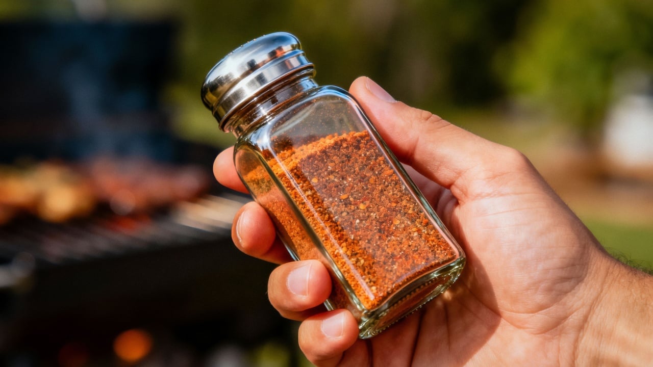 A hand holds a small glass bottle filled with a vibrant red spice blend, with a blurred grill and outdoor setting in the background, suggesting a summer barbecue scene with a focus on seasoning