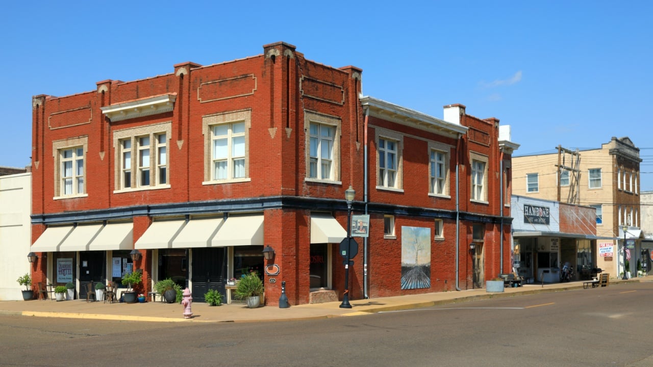 Clarksdale, Mississippi, USA - April 14, 2025: Main Street in Historic District of Clarksdale 