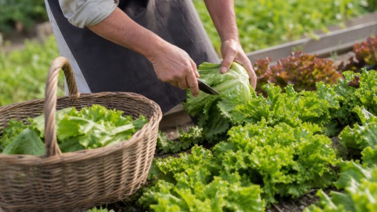 Fresh organic lettuce being harvested by adult gardener in sunny outdoor vegetable garden with rustic basket, vibrant natural close-up