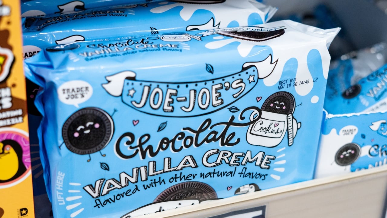 Charlotte North Carolina - May 8 2026: Trader Joes Chocolate And Vanilla Creme Filled Sandwich Cookies Oreo Style Alternative Private Label Snack