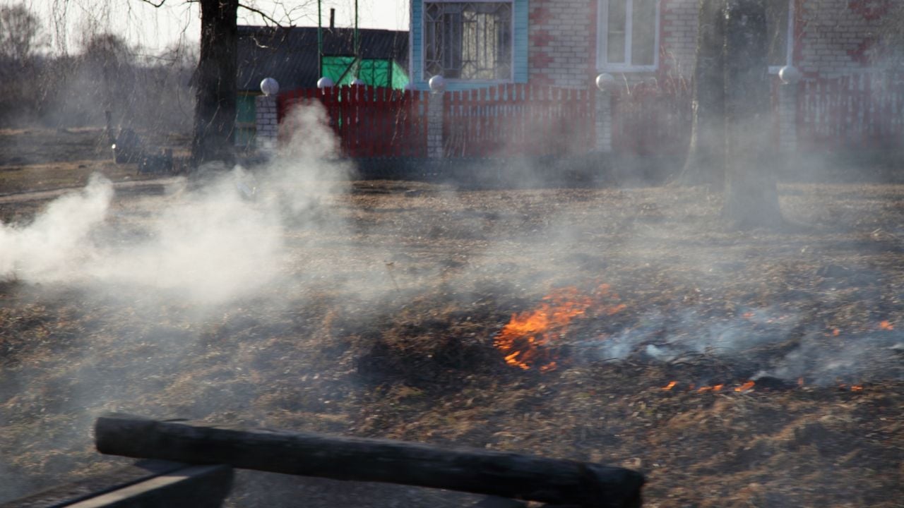 Smoked burning dry grass near rural house at spring day. Danger of fire