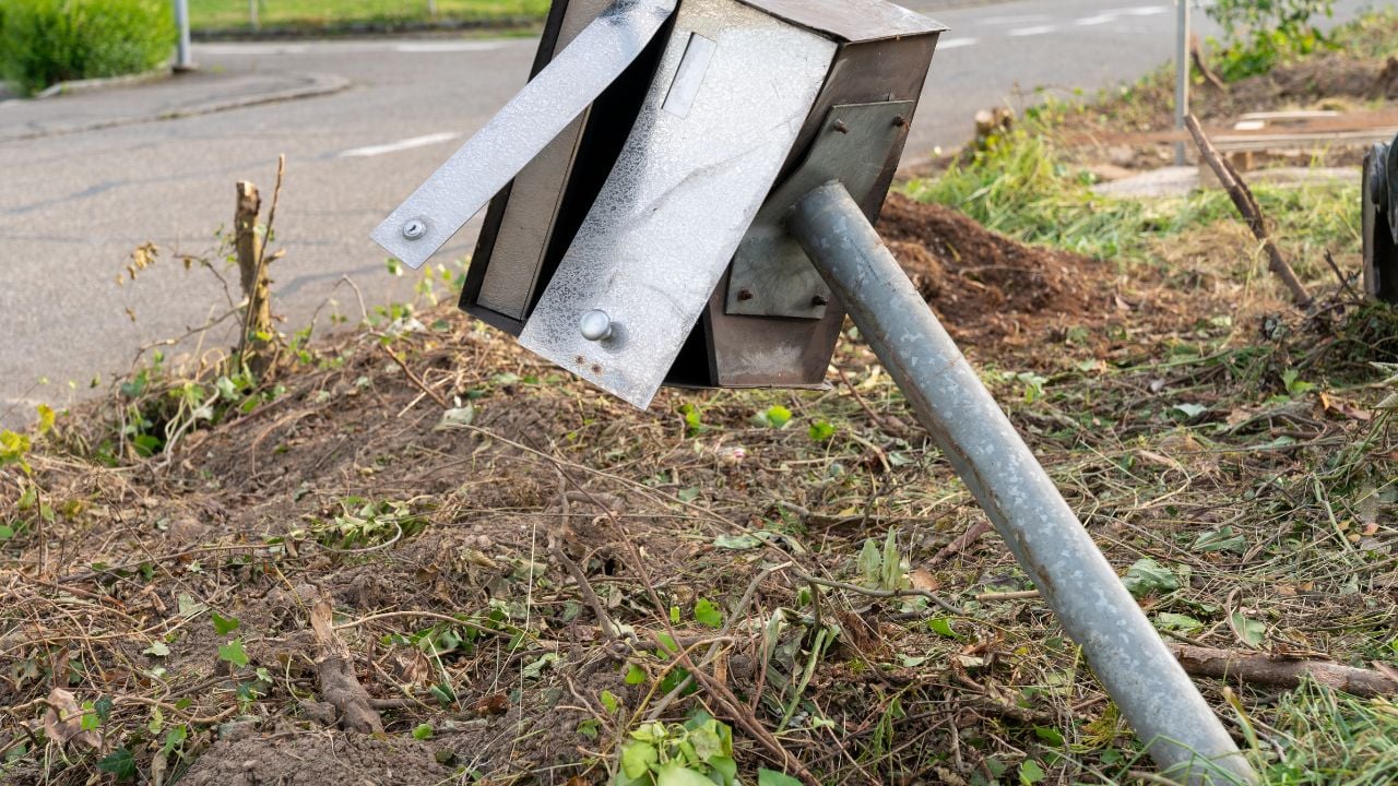 Mailbox on a neglected property on a metal stand is broken, tilted and destroyed.